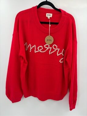 BiBi merry Christmas Pearl Embellished Sweater red Knit Pullover size xl NWT